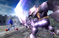 Sonic Guarding against a Soldier-One's attack, from Sonic and the Black Knight