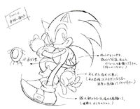 Sketch of Sonic showing the Sonic Adventure style. The notes on the picture detail how the torso works.