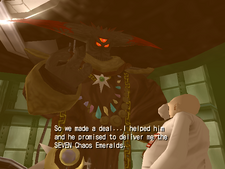 In-game screenshot of a Shadow the Hedgehog cutscene depicting a flashback with a warmer color toning. On the left is a black, legless alien with three red bestial eyes, twin wide horns with red tips with a worn robe. On the right is a human with an oval torso, small head, a white, oversized moustache, and a white lab coat.