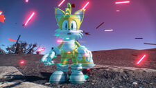 Screenshot of Sonic Frontiers, showing Tails in a semi-transparent, glitchy, blueish effect on a gray, barren land.