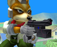 A close view of Fox's Blaster in Super Smash Bros. Melee.