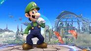 Luigi performing an Up Taunt on a platform.