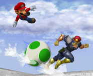 Yoshi using Egg Roll in Super Smash Bros. Melee.