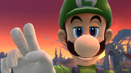 Luigi performing an Up Taunt.