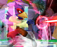 Falco using the Blaster in Super Smash Bros. Melee.