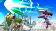 Toon Link narrowly avoiding Genesect's Techno Blast move