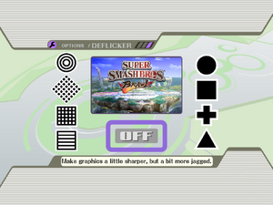 The deflicker menu as seen in Super Smash Bros. Brawl.