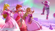 Captain Falcon in his white costume with Zelda, Peach, and Daisy on Magicant.