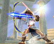 Pit preparing to fire Palutena's Arrow in Super Smash Bros. Brawl.