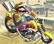 Wario riding on his bike in Super Smash Bros. Brawl.