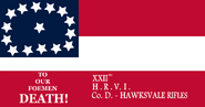 "TO OUR FOEMEN DEATH!" - 15-star "Stars and Bars" flag of Company D, 22nd Hiland Regiment of Volunteer Infantry - the "Hawksvale Rifles".