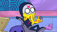 Red X tries to eat a pizza without taking off his mask.