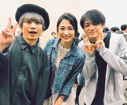 Mayu Hasegawa (middle) with actors of Zenna: Shintaro (left) and Hideyoshi (right).