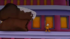 The Birthday Cake Monster's villainous breakdown, preparing to thrust an arm before kidnapping Garfield and taking him to the top of the antenna.