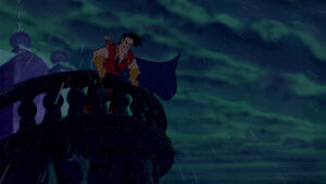 Gaston watching the Beast fall down to the castle rooftops.