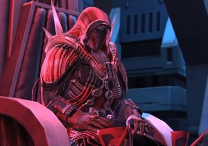 Darth Marr siting on one of the seats of the Dark Council.