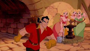 As he follows Belle, Gaston is admired by a group of girls.