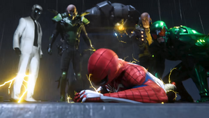 The Sinister Six standing over Spider-Man.