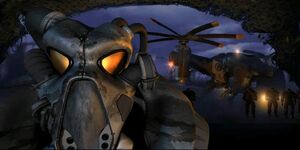 A team of Enclave soldiers in Fallout 2 intro cutscene.