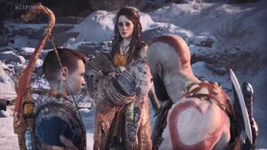 Freya seeing Kratos reveal the truth of his past to Atreus.