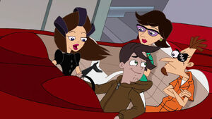 The Doofenshmirtz family meeting 2nd Vanessa's boyfriend Tony Marzulo as they escape.