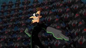 2nd Doofenshmirtz ordering the Norm Bots to send his original counterpart, Perry, and the Flynn-Fletcher kids to their doom.