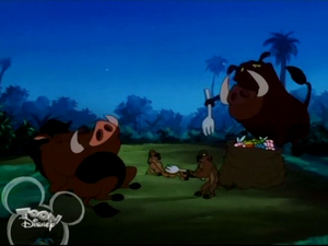 A defeated Pimon and Tumbaa feeding Timon and Pumbaa bugs.