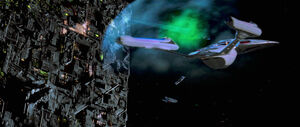 The Enterprise-E arriving to engage the Borg at Sector 001.