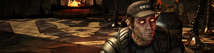 Stryker on a Kombat Kard Background in Mortal Kombat X.