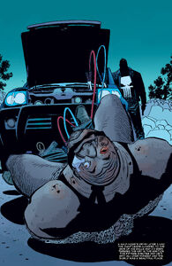 The Punisher tortures Barracuda, hooking his testicles to a car battery.