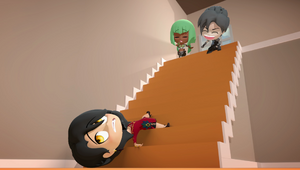 Emerald laughing as Cinder falls down stairs.