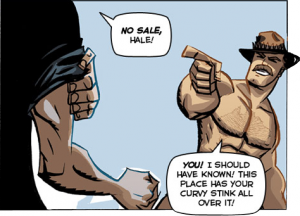 Saxton Hale fighting the manager (presumably Steve Jobs) because he denied Hale's offer to purchase the store.