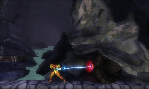 Samus using the Grapple Beam on the Diggernaut's eye.