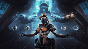 A promotional image for the Deadlock Protocol quest, featuring Parvos Granum behind the Protea Warframe.