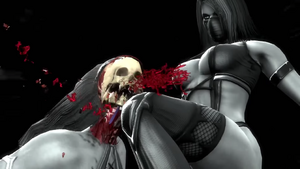 Mileena's strong knee attack breaking Kitana's teeth and jaw.