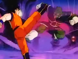 Kishime using teleportation technique to dodge Goku's kick.