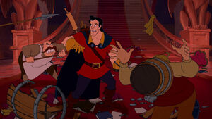 When the servants attack the villagers by surprise, Gaston abandons the villagers to hunt down the Beast.