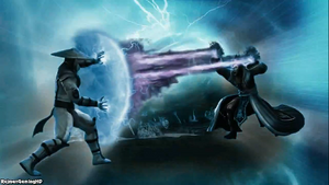 Raiden vs Shinnok in one of his visions from Mortal Kombat (2011).