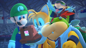 Eggman Nega along with Tails, Luigi, and Bowser Jr. in the Story Mode for Mario & Sonic at the Tokyo 2020 Olympic Games