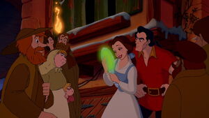 Gaston listening to Belle describing the Beast as "kind and gentle".