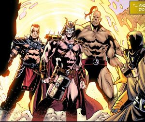 A flashback of Shao Kahn, Reiko and Goro on the Arnyek Islands in the Mortal Kombat X comicbook series.