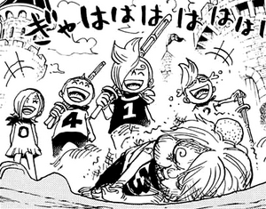 Niji, Ichiji and Yonji bullying Sanji.