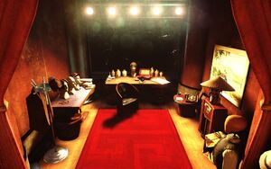 Fontaine's hidden "Panic Room" in the Manta Ray Lounge, showing a variety of his different disguises.