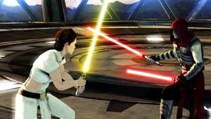 The Dark Apprentice fights Leia on Endor.