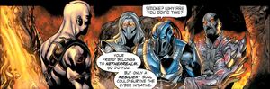 The revenants of Smoke and Jax Briggs holding Cyber Sub-Zero in place in the Mortal Kombat X comic series.