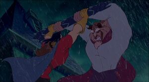 Gaston finding himself in the Beast's wrath following Belle's return to the castle.