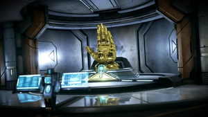 An altar dedicated to Parvos on a Corpus ship, modelled after his golden hand.