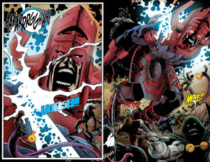 The villains running from the falling Galactus.