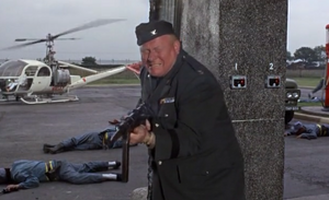 Goldfinger shooting U.S. soldiers before escaping Fort Knox.