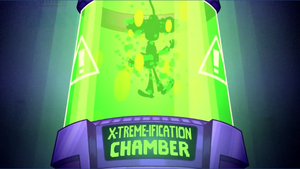 Honk being mutated in an "Extremification Chamber".